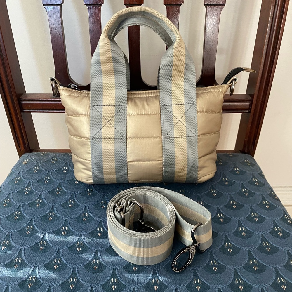 THINK ROYLN gold and gray striped crossbody tote